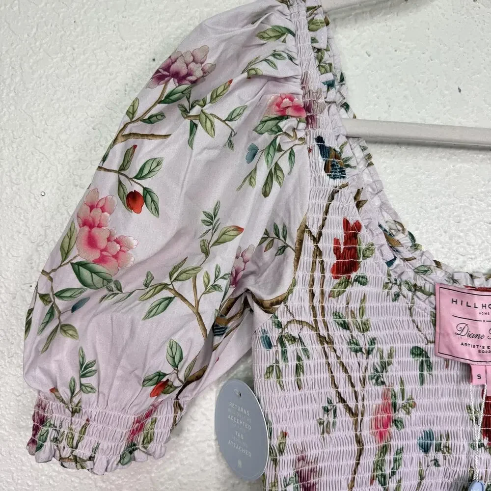 Hill House Diane Hill Top Womens Small Aiko Floral Crop Smocked Blouse Boho NEW